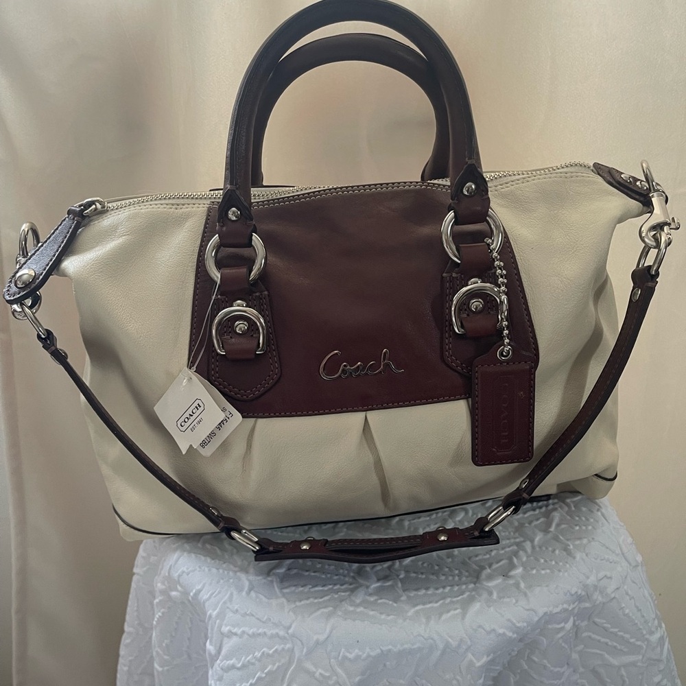 NWT Coach Ashley Leather Satchel Purse Bag White/Bark $698